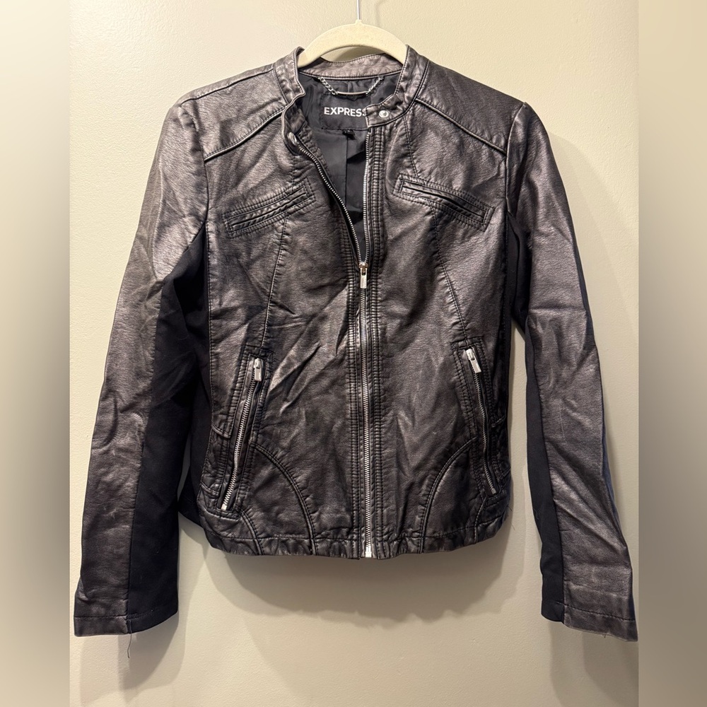 Express Charcoal Leather Jacket with Silver Details